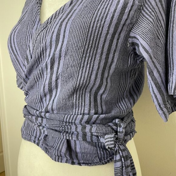 Fair Trade Boho Striped Cotton Cropped Wrap Top with Tie Waist Purple Striped - Picture 3 of 14